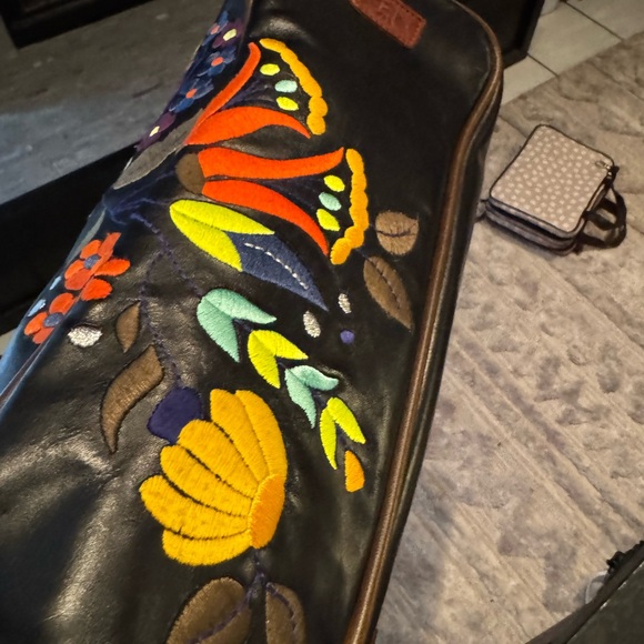 Consuela Navy Blue LEATHER RARE Classic Tote Beautiful Embroidery - Picture 11 of 15